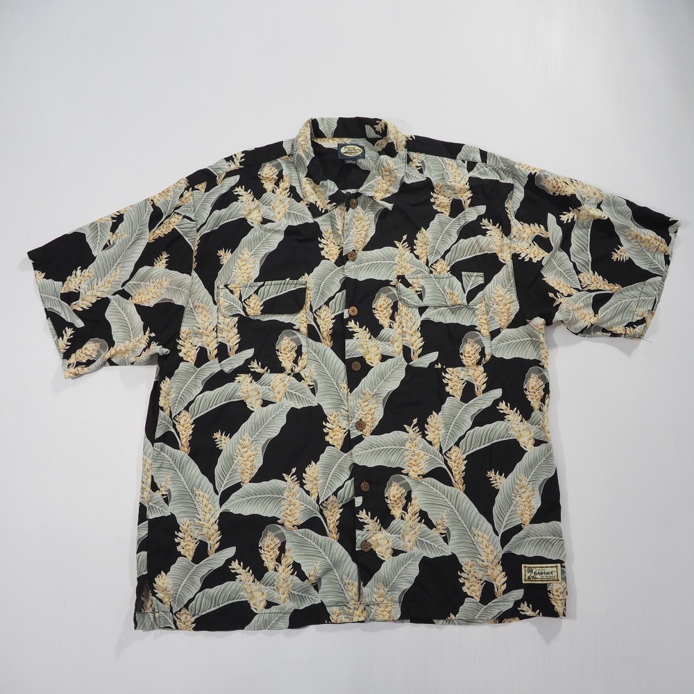 Vintage Tommy Bahama Camp Shirt Mens Extra Large Black Floral Rayon Hawaiian